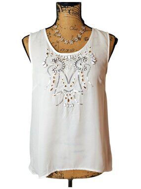 Gianni Bini S Sleeveless Top White Embellished Front Lightweight Chic Blouse